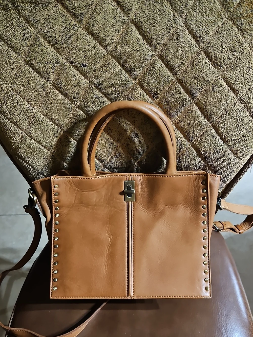 Marta Ponti Brown Leather Stud-Trim Turnlock Crossbody Shoulder Satchel Bag Boho
